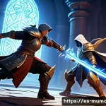 Home 23 뮤 모나크 PVP 전략 - A dynamic PvP combat scene in a fantasy MMORPG setting, featuring a male warrior and a female mage e...