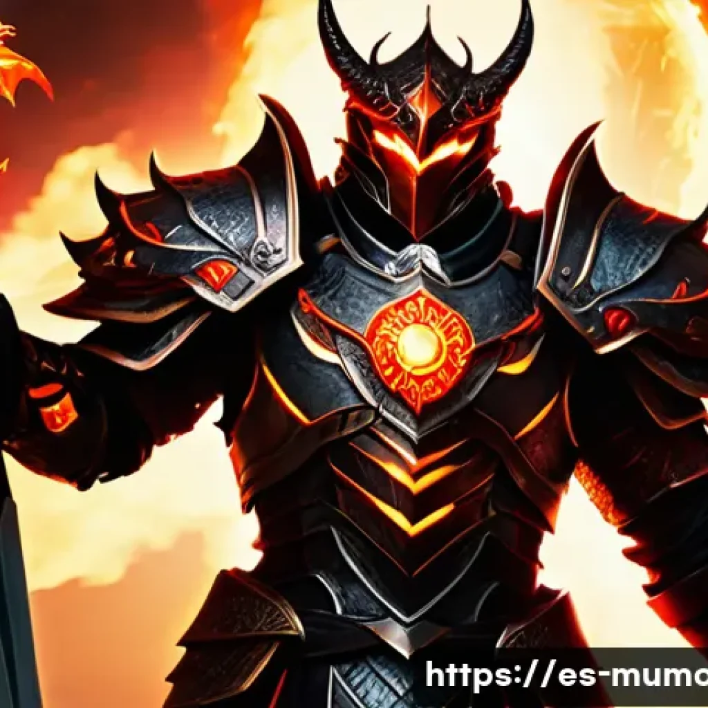 뮤 모나크 공격력 증가 장비 - A fierce warrior clad in high-attack armor set combining sleek metallic plates with glowing red acce...