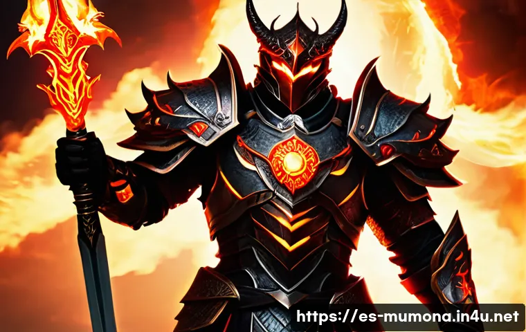 뮤 모나크 공격력 증가 장비 - A fierce warrior clad in high-attack armor set combining sleek metallic plates with glowing red acce...