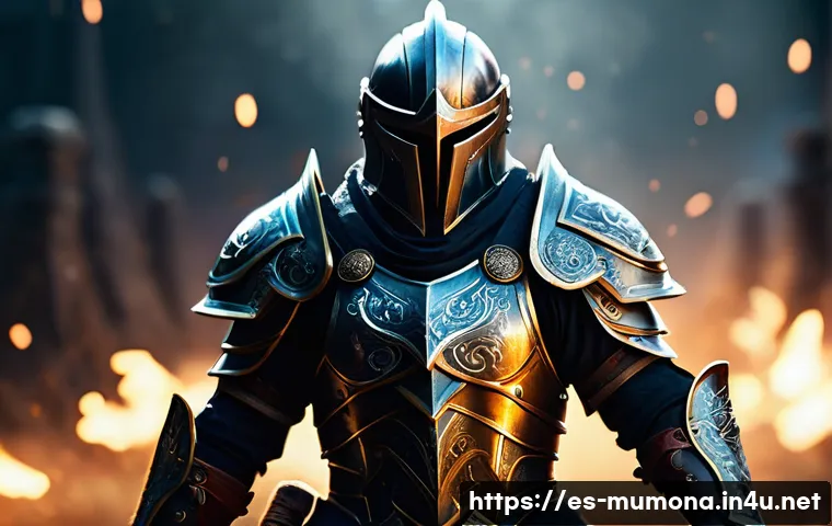 뮤 모나크 전설 등급 장비 - A highly detailed scene of a legendary warrior in mid-battle, wearing a hybrid armor set combining h...