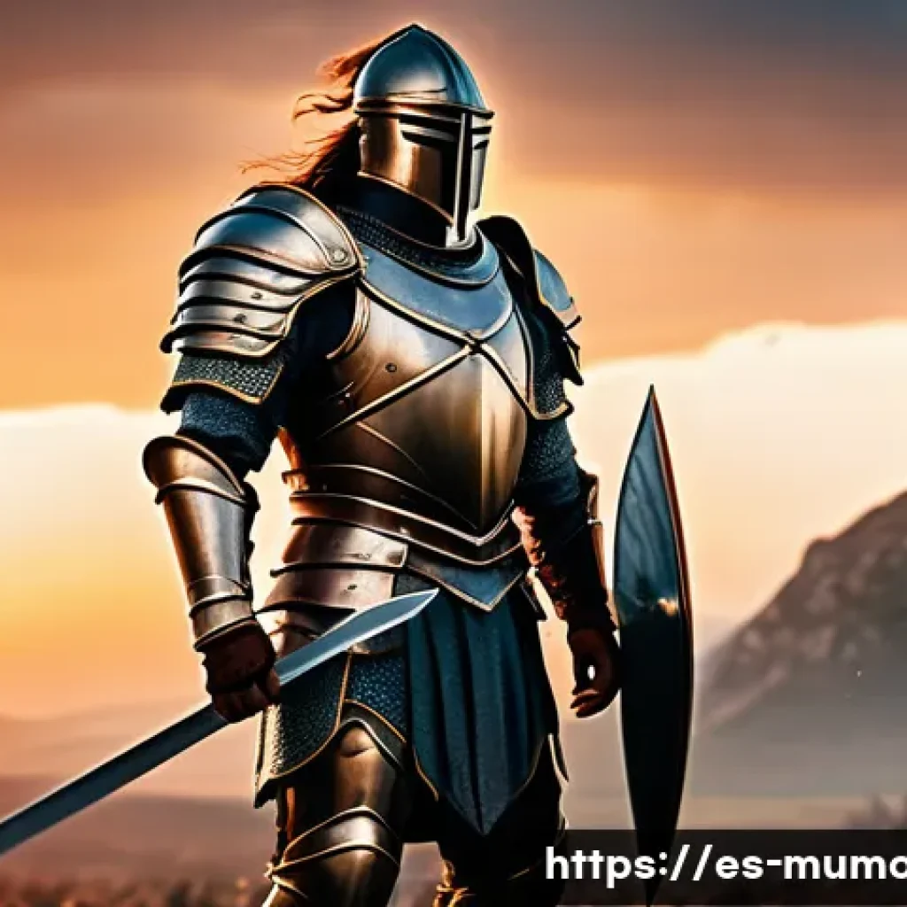 뮤 모나크 전직 시스템 - A heroic warrior clad in heavy, intricately detailed armor wielding a large sword and shield, standi...