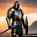 뮤 모나크 전직 시스템 - A heroic warrior clad in heavy, intricately detailed armor wielding a large sword and shield, standi...