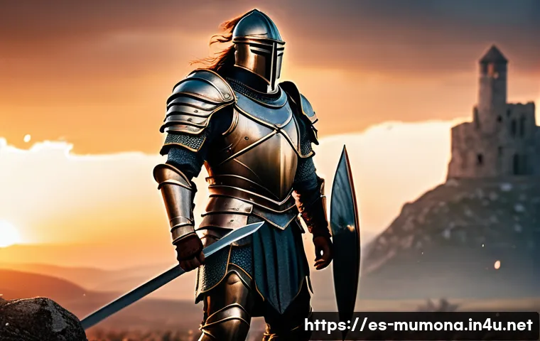 뮤 모나크 전직 시스템 - A heroic warrior clad in heavy, intricately detailed armor wielding a large sword and shield, standi...