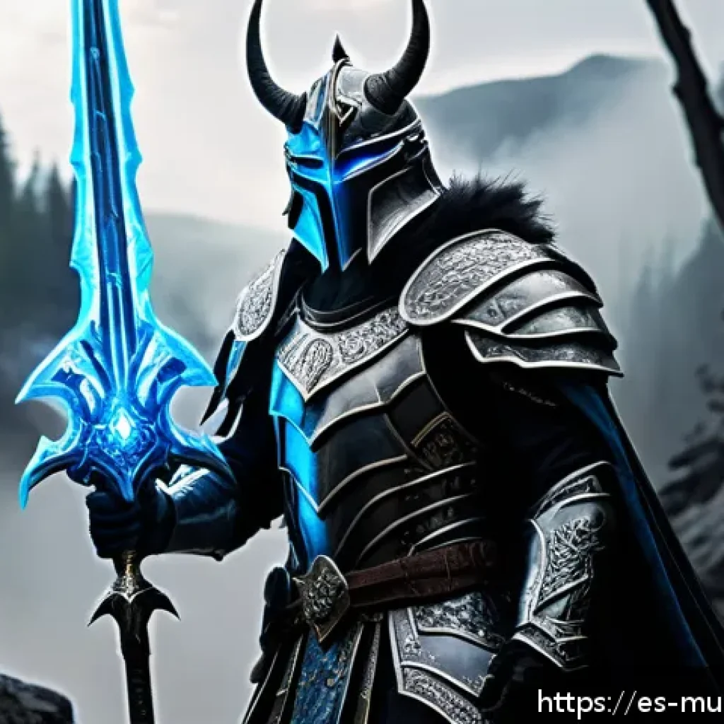 뮤 모나크 희귀 탈것 수집법 - A heroic Dark Lord character in intricately detailed heavy armor with glowing blue and silver accent...