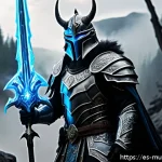 뮤 모나크 희귀 탈것 수집법 - A heroic Dark Lord character in intricately detailed heavy armor with glowing blue and silver accent...