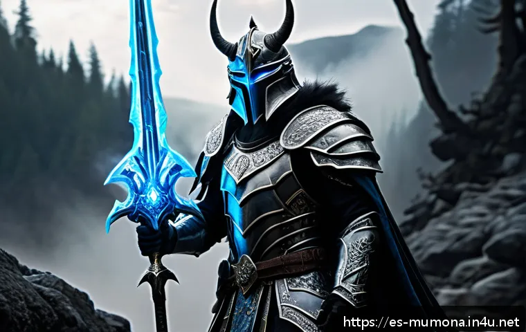 뮤 모나크 희귀 탈것 수집법 - A heroic Dark Lord character in intricately detailed heavy armor with glowing blue and silver accent...