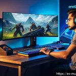 뮤 모나크 주간 랭킹 이벤트 - A dynamic gaming setup showing a focused adult player in casual clothes sitting at a modern desk wit...