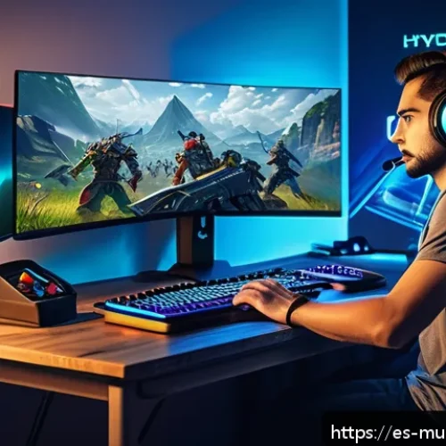 뮤 모나크 주간 랭킹 이벤트 - A dynamic gaming setup showing a focused adult player in casual clothes sitting at a modern desk wit...