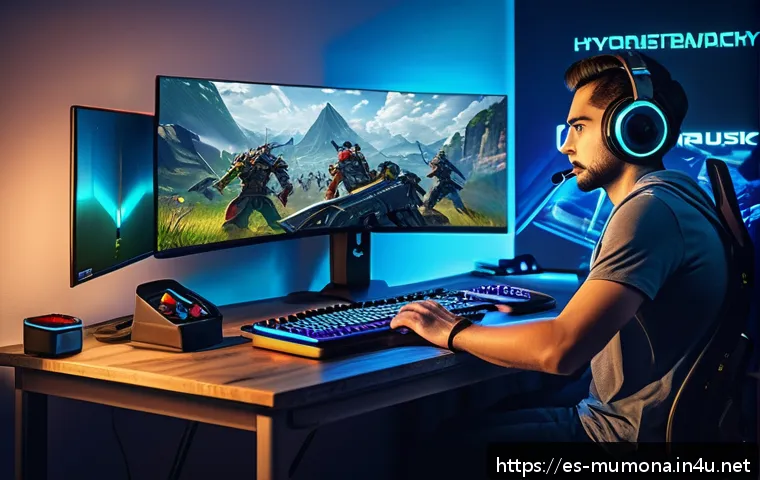 뮤 모나크 주간 랭킹 이벤트 - A dynamic gaming setup showing a focused adult player in casual clothes sitting at a modern desk wit...