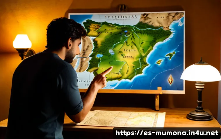 Home 17 뮤 모나크 월드맵 활용법 - Photorealistic fantasy gaming scene, a Spanish-speaking adult player studying a large parchment worl...