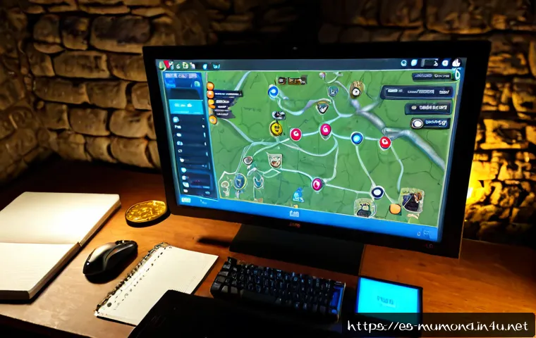 뮤 모나크 아이템 파밍 루트 - Photorealistic overhead gaming desk scene illustrating an efficient fantasy RPG item-farming route: ...
